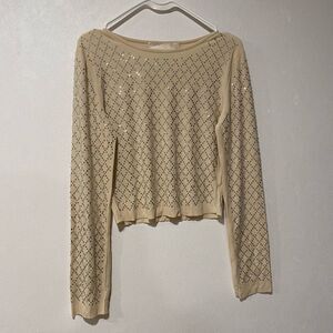 Lizette Collection Beige Rhinestone Sweater | Size L Lightweight Bling Top